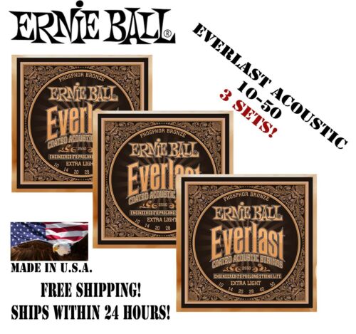 **3 SETS! ERNIE BALL 2550 EVERLAST COATED PHOSPHOR BRONZE EXTRA LIGHT STRINGS**