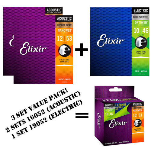 *ELIXIR 16052 ACOUSTIC (2 SETS) & 19052 ELECTRIC (1 SET) GUITAR STRINGS 3-PACK*