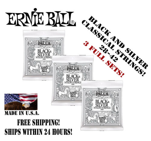 **3 SETS ERNIE BALL BLACK AND SILVER NYLON CLASSICAL GUITAR STRINGS 2406**