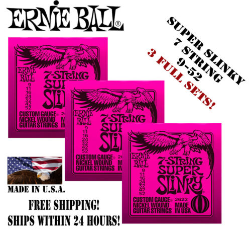 **3 PACKS ERNIE BALL 2623 7-STRING ELECTRIC GUITAR STRINGS 9-52 (3 FULL SETS)**