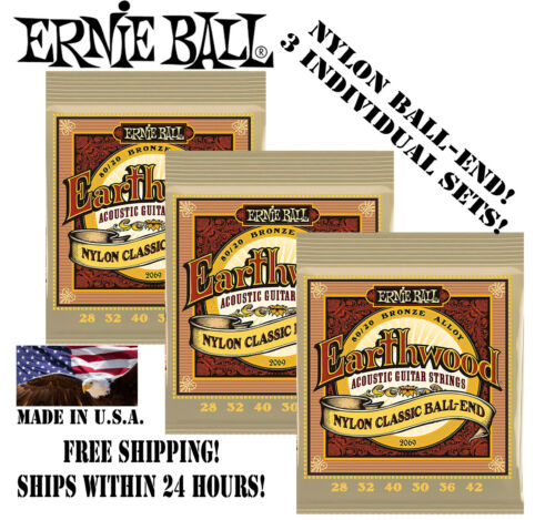 *3 SETS! ERNIE BALL EARTHWOOD 80/20 NYLON BALL-END ACOUSTIC GUITAR STRINGS 2069*