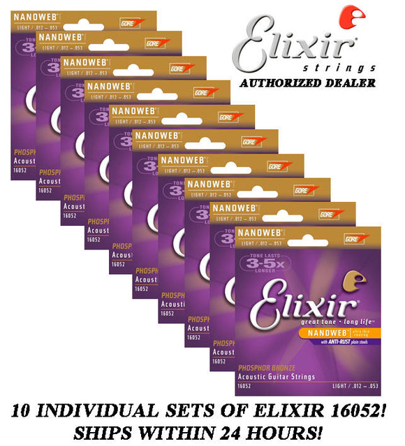 10 SETS ELIXIR 16052 NANOWEB ACOUSTIC GUITAR STRINGS LIGHT 12-53 PHOSPHOR BRONZE