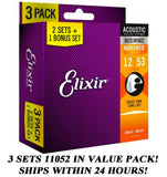 *3 SETS ELIXIR 11052 80/20 BRONZE NANOWEB ACOUSTIC GUITAR STRINGS LIGHT(12-53)*