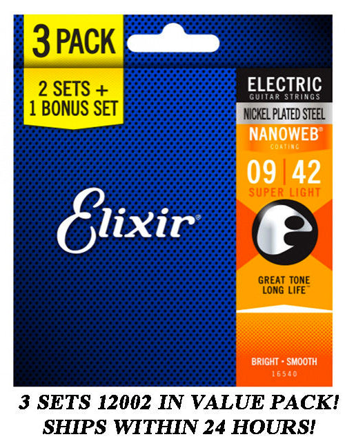 *3 SETS ELIXIR NANOWEB 12002 NICKEL PLATED ELECTRIC GUITAR STRINGS LIGHT -9-42*