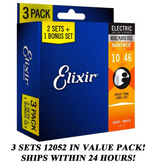 *3 SETS ELIXIR NANOWEB 12052 NICKEL PLATED ELECTRIC GUITAR STRINGS LIGHT -10-46*