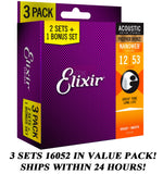 *3 SETS ELIXIR 16052 NANOWEB ACOUSTIC GUITAR STRINGS LIGHT 12-53 PHOSPHOR BRONZE