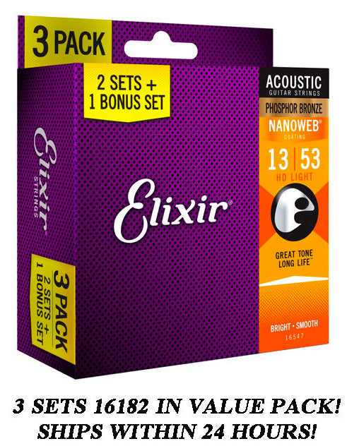 *3 SETS ELIXIR 16182 PHOSPHOR BRONZE ACOUSTIC GUITAR STRINGS LIGHT NANO (13-53)*