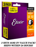 *3 SETS ELIXIR 16182 PHOSPHOR BRONZE ACOUSTIC GUITAR STRINGS LIGHT NANO (13-53)*