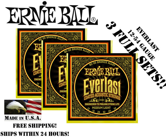 **3 SETS! ERNIE BALL 2556 EVERLAST COATED 80/20 MEDIUM LIGHT ACOUSTIC STRINGS **