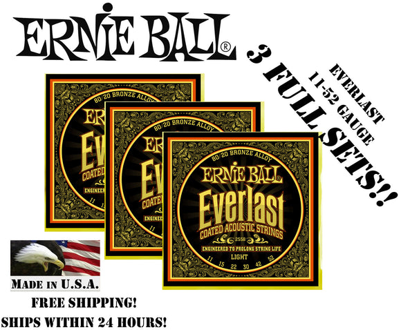 **3 SETS! ERNIE BALL 2558 EVERLAST COATED 80/20 BRONZE LIGHT ACOUSTIC STRINGS **